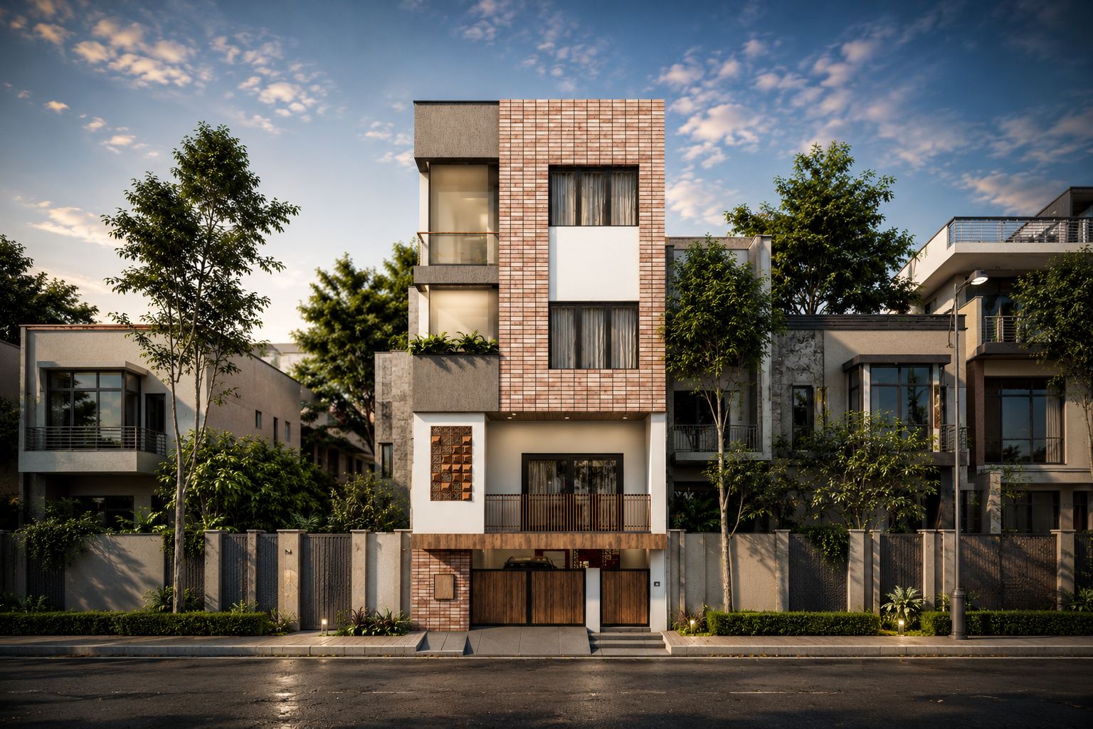 The Vinoth Residence — narrow multi-storey facade with brick cladding